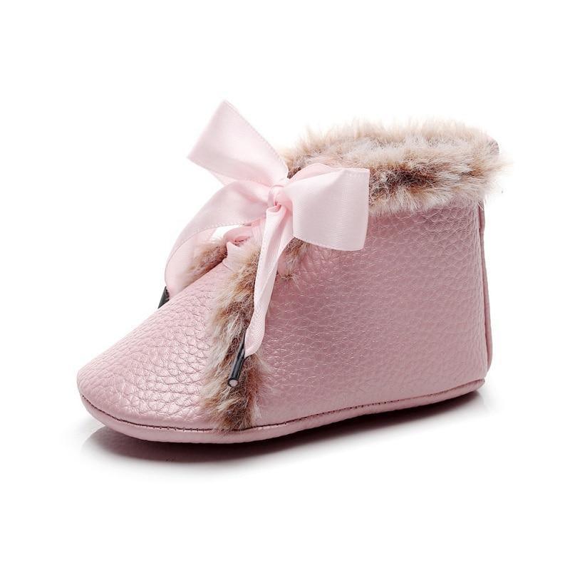 Baby PU Boots Winter Anti-slip Warm First Walkers Soft Soled Booties Toddler Bowknot Lace-up Shoes