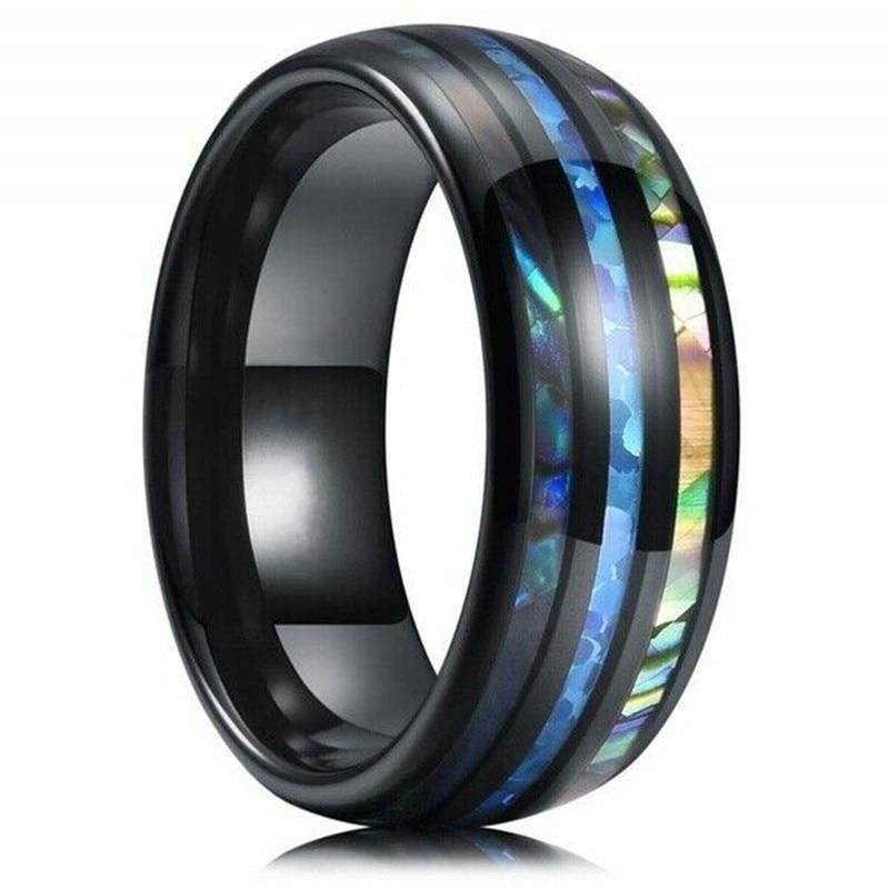 Men New Elegant Black Stainless Steal 8MM Inlaid Shells BlueRings Men's Wedding Jewelry Gift