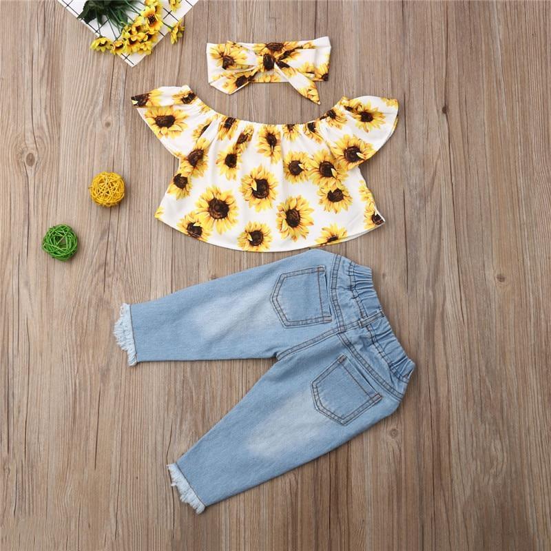 3 Pcs Outfit Clothes Cute   Sunflower Top  Pants  Fashion Casual Suit Perfect For Baby