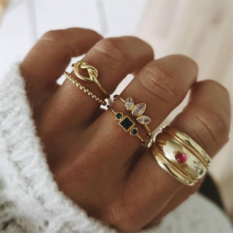 Boho Women Rings Set Compass Arrow Starfish Wave Moon Eyes Gem Gold Silver Color Opening Midi Ring Charm Lady Jewelry