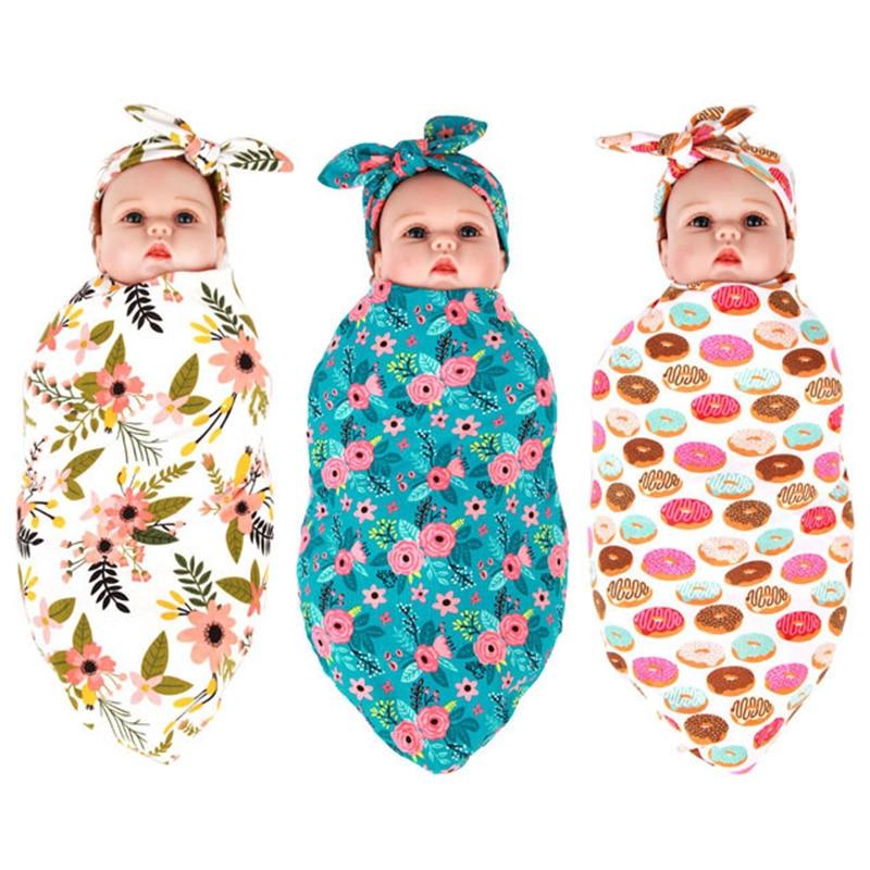 Swaddle Blanket Set Receiving Wrap Props Newborn Infant Boy Girl Headwear Flower Print Romper With Bow