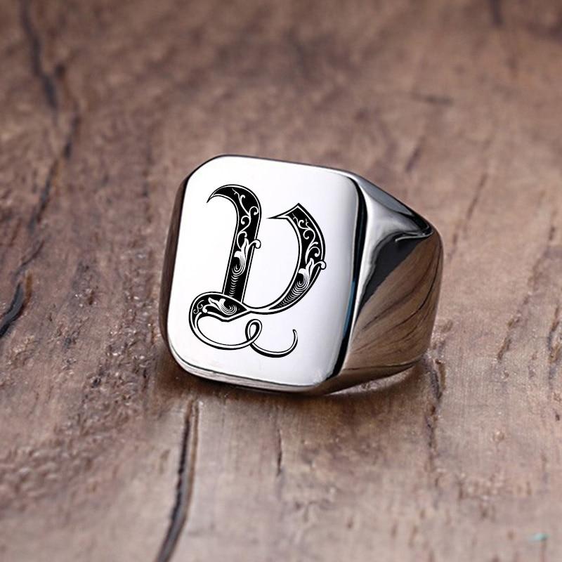 Modern Letter Retro Initials Signet Ring for Men 18mm Bulky Heavy Stamp Male Band Stainless Steel Letters Custom Jewelry Gift for Him