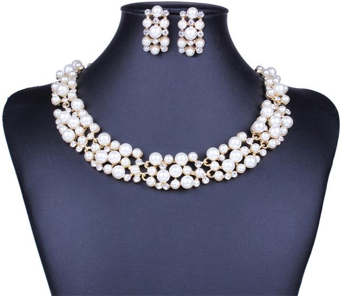 Bridal Simulated Pearl Jewellery Sets for Women's Dresses Accessories Cubic Necklace Earrings Set Gold Color