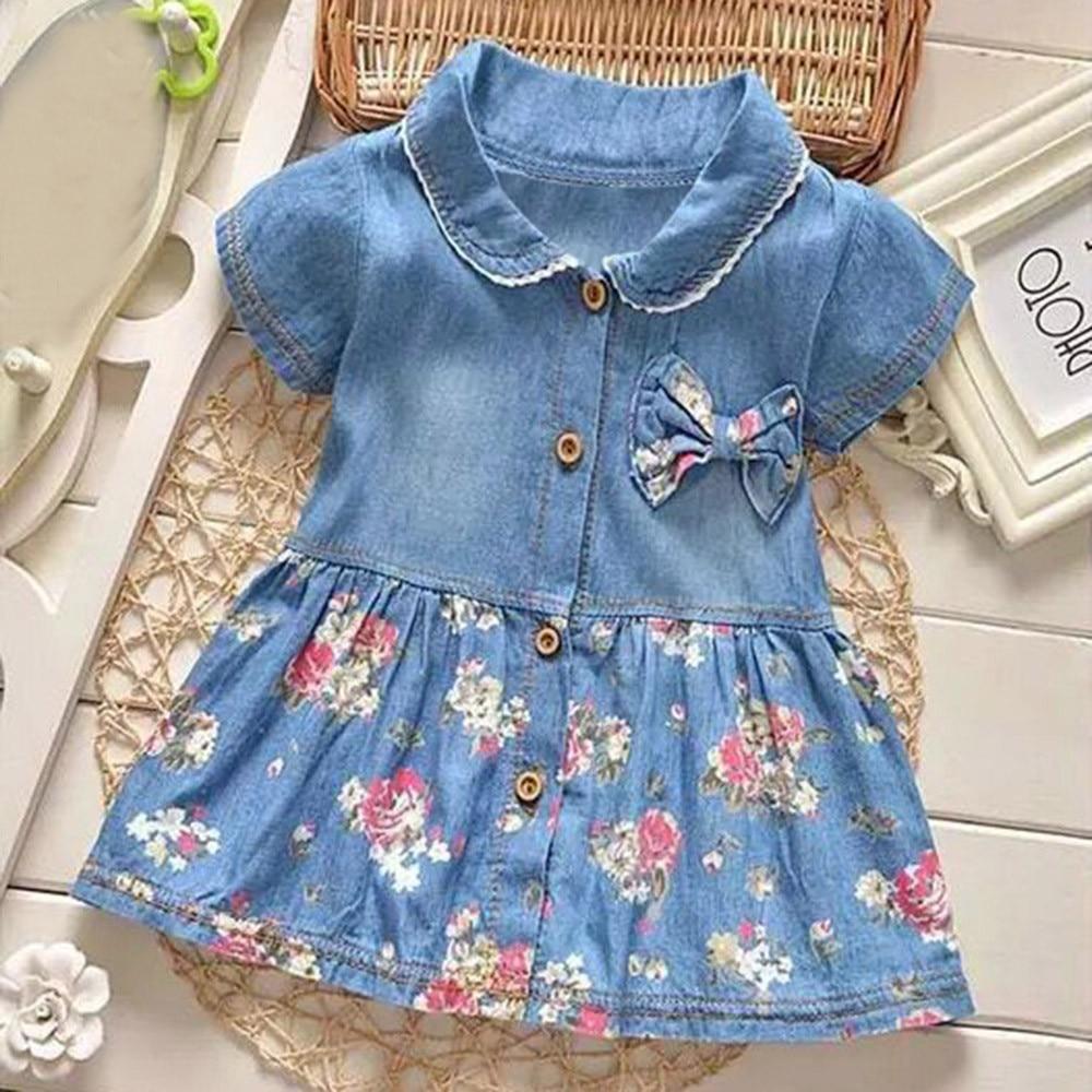 Modern Floral Print Bowknot Princess Jeans Short Sleeve Costume Kids Dresses For Girls