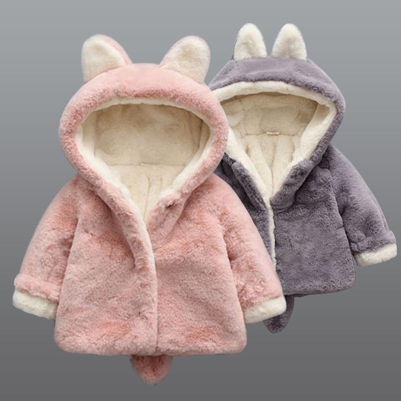 Baby Girl Einter Jacket Girl Cute Rabbit HoodedJacket Children's Wool Sweater Plus Thick Warm Plush For Kids