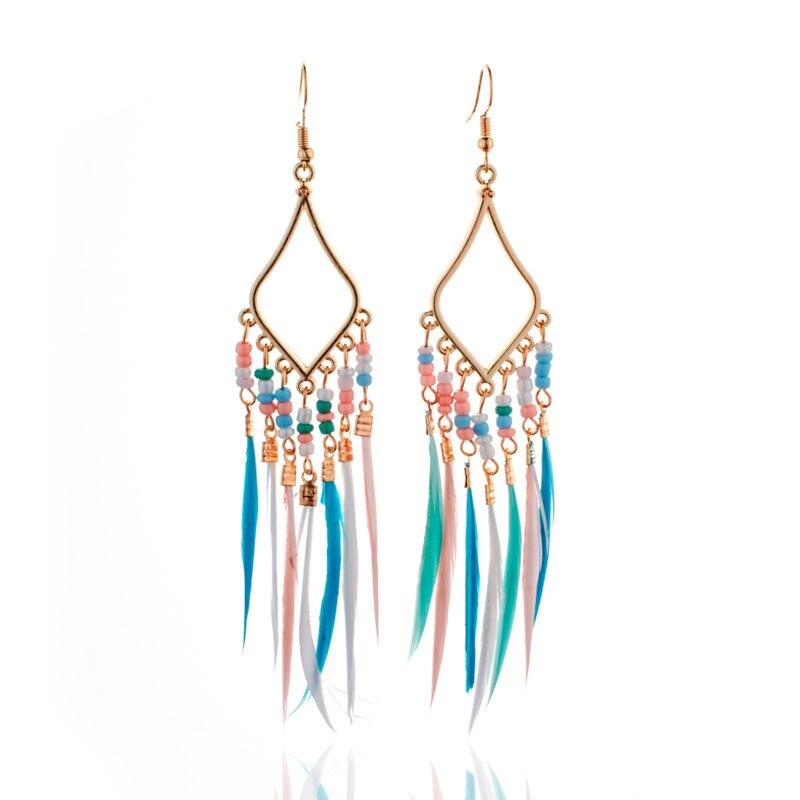 Handmade Modern Elegant Golden Silver Color Ethnic Acrylic Luxury Rainbow Beads Feather Drop Earrings for Women Boho Jewlery