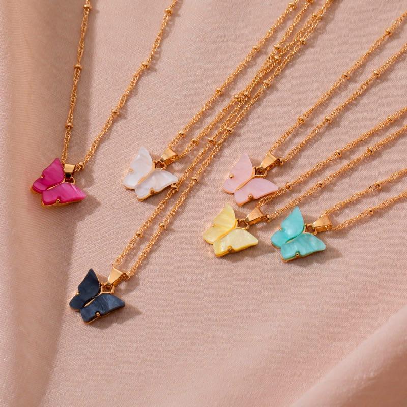 Luxury Fashion Acrylic Butterfly Stud Cute Butterfly Pendant Necklace and Earrings For Women Colorful Girls Jewelry Gifts