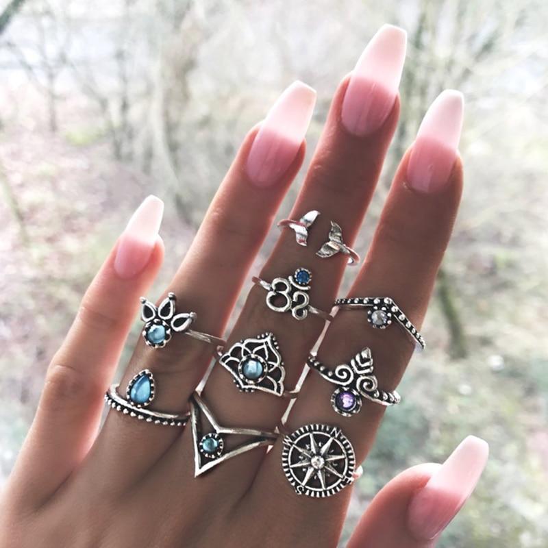 Boho Women Rings Set Compass Arrow Starfish Wave Moon Eyes Gem Gold Silver Color Opening Midi Ring Charm Lady Jewelry