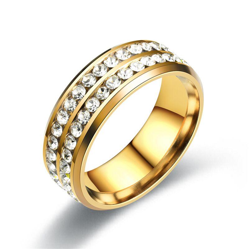 Luxury Modern Stainless Steel Ring With 5 Rows Gold Color Diamonds Crystal Ring Made for Wedding Rings for Women Men In Elegant Jelwery  Design