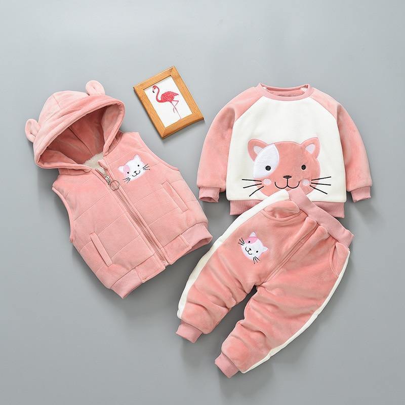 Baby Clothes Winter Thick And Warm Three-piece Cartoon Bear And Fox Printed Sweater Hooded Baby Girl Clothing Set Sweater and Pants