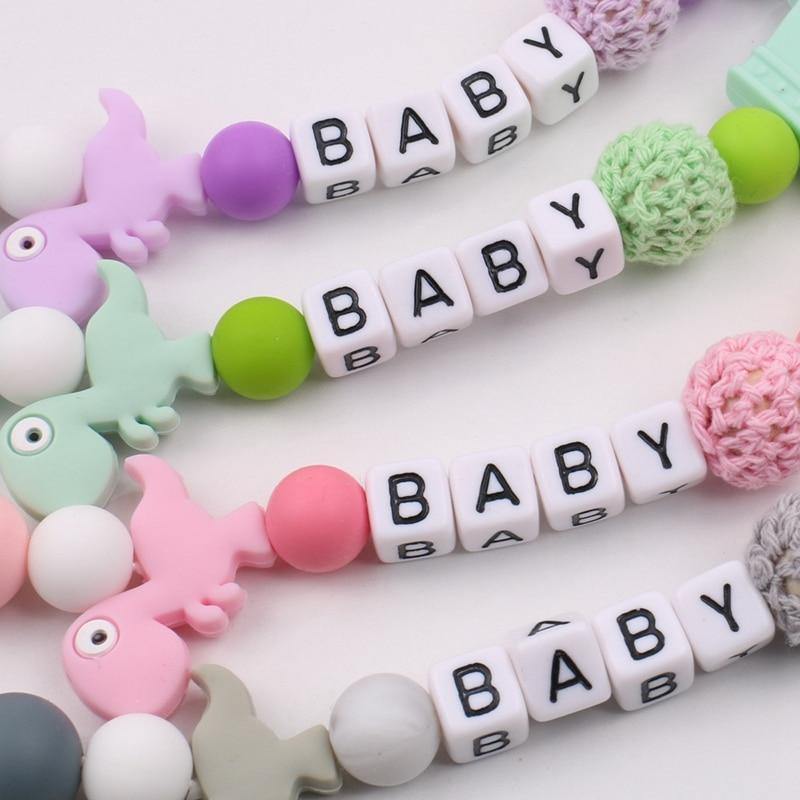 Lemon Comeon Baby's NamePacifier Clips Holder Dinosaur Silicone Beads Teething Chain for Baby