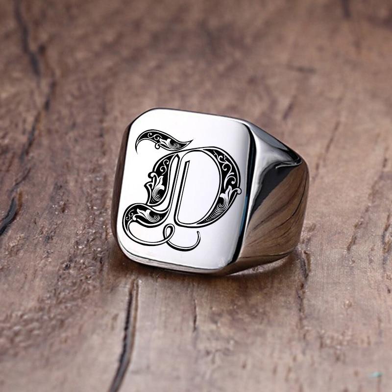 Modern Letter Retro Initials Signet Ring for Men 18mm Bulky Heavy Stamp Male Band Stainless Steel Letters Custom Jewelry Gift for Him