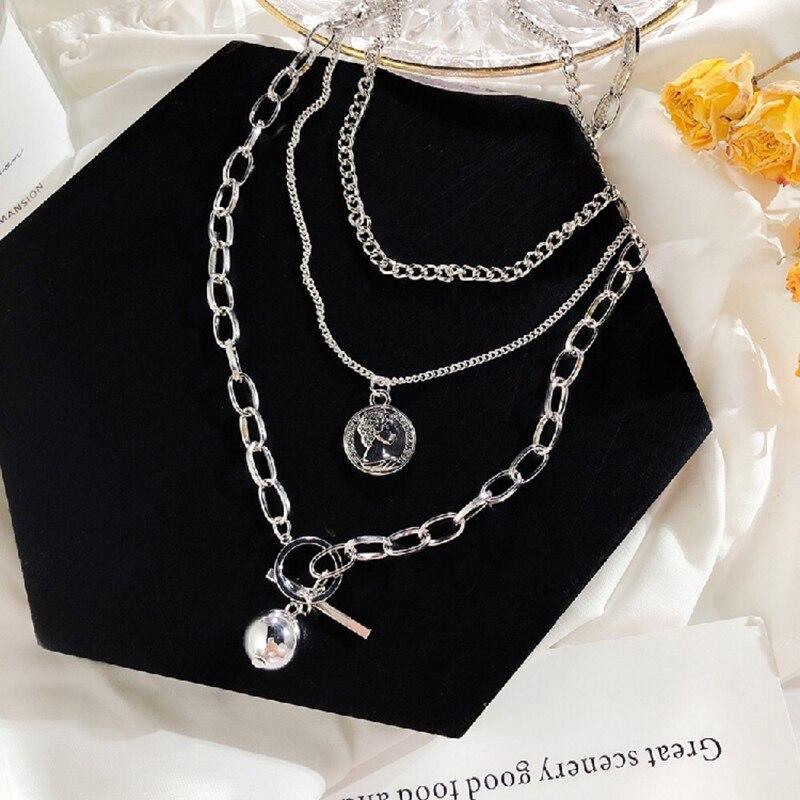 Trend New Luxury Elegant Cool Ladies Metal Ball Coin Cross Pendant Multi-layer Design Long Chain Necklace For Women In elegant Modern Design