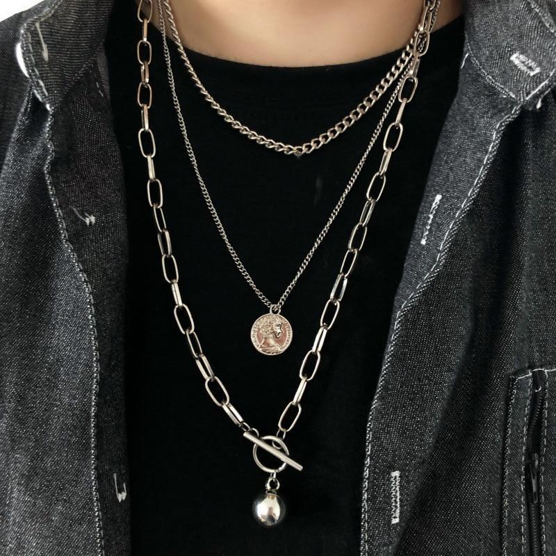 Modern Metal Ball Coin Cross Pendant Multi-layer Design Long Chain Necklace For Women In elegant Modern Design