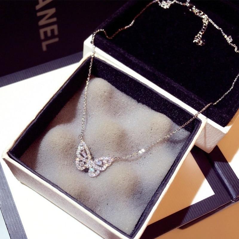 Fashion Rose Gold Butterfly Female Necklace Shiny Crystal Luxury Jewelry Cool Style Gift For Women