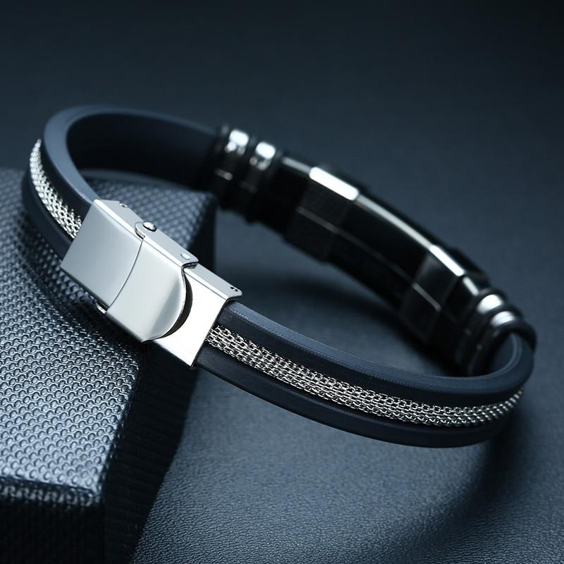 Stainless Steel Bracelet Men Wrist Band Black Grooved Rudder Silicone Mesh Link Insert Punk Wristband Stylish Casual Bangle Cool Gift