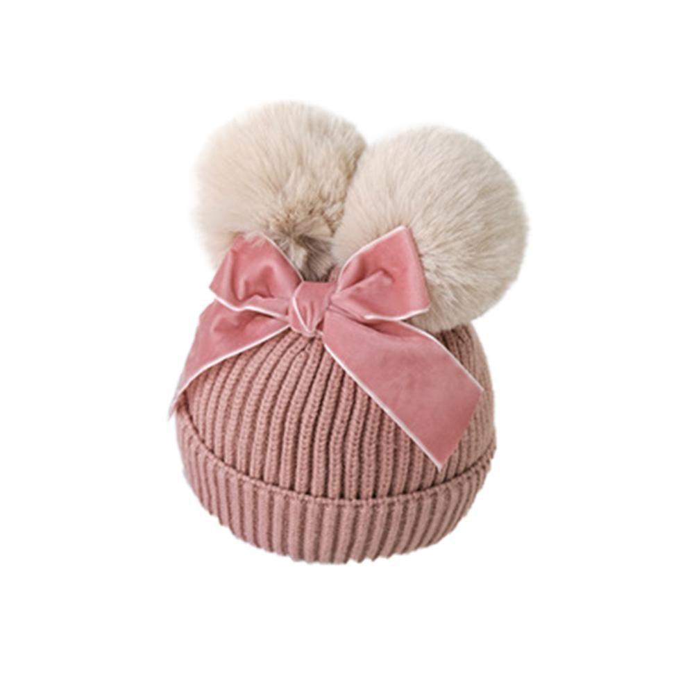 Baby Double Pompom Knitted Hat For Baby Girl Warm Thicker Children Infant Beanie Cap In elegant Winter Modern Deisgn With Big Bow