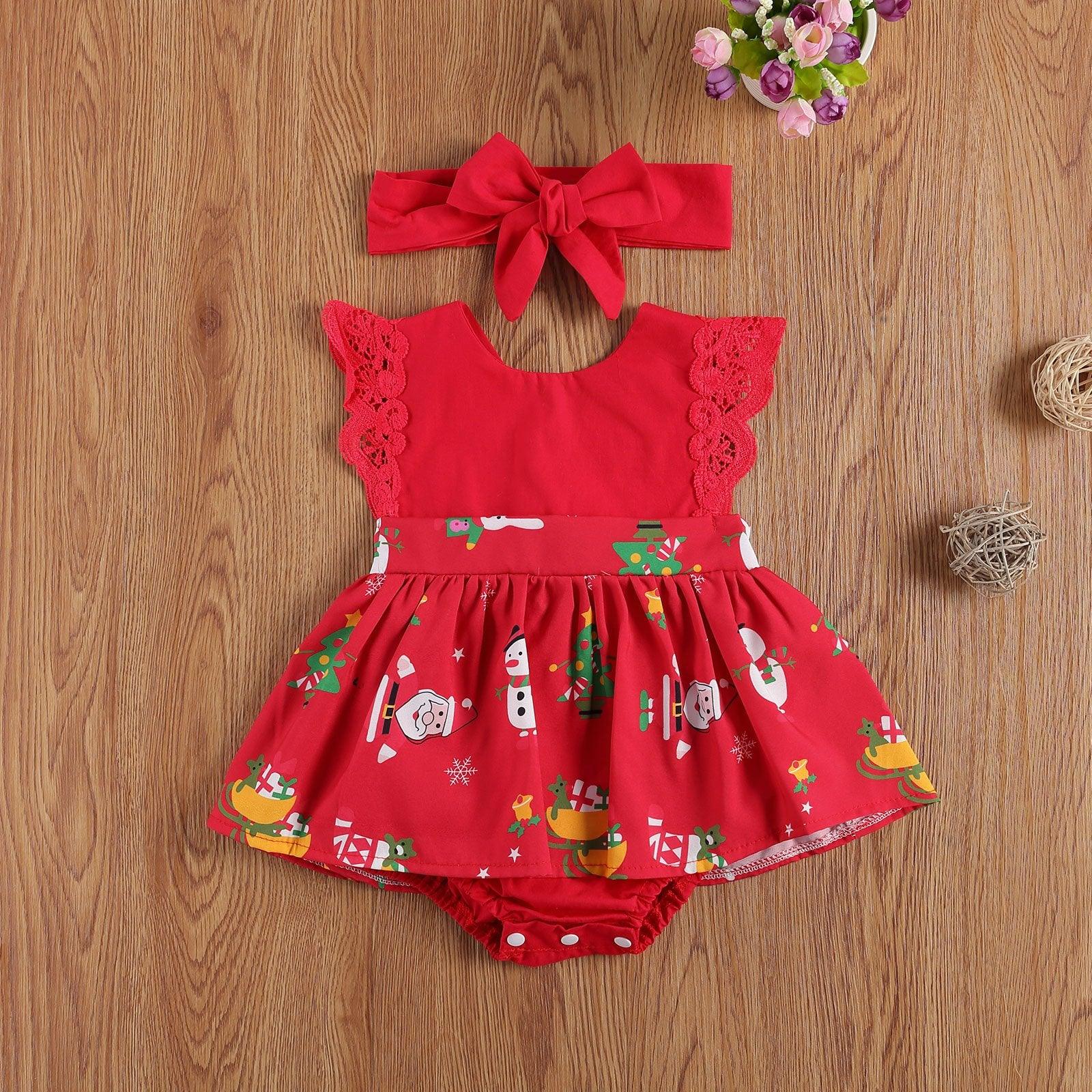 Baby Girls  Bodysuits Dress Lace Ruffles Short Sleeve Cartoon Print Jumpsuits Headband