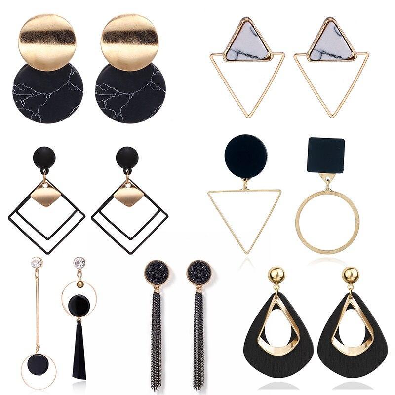 Modern Korean Statement Elegant Black Acrylic Drop Earrings for Women New Fashion Jewelry Luxury Vintage Epic Geometric Gold Asymmetric Earringa