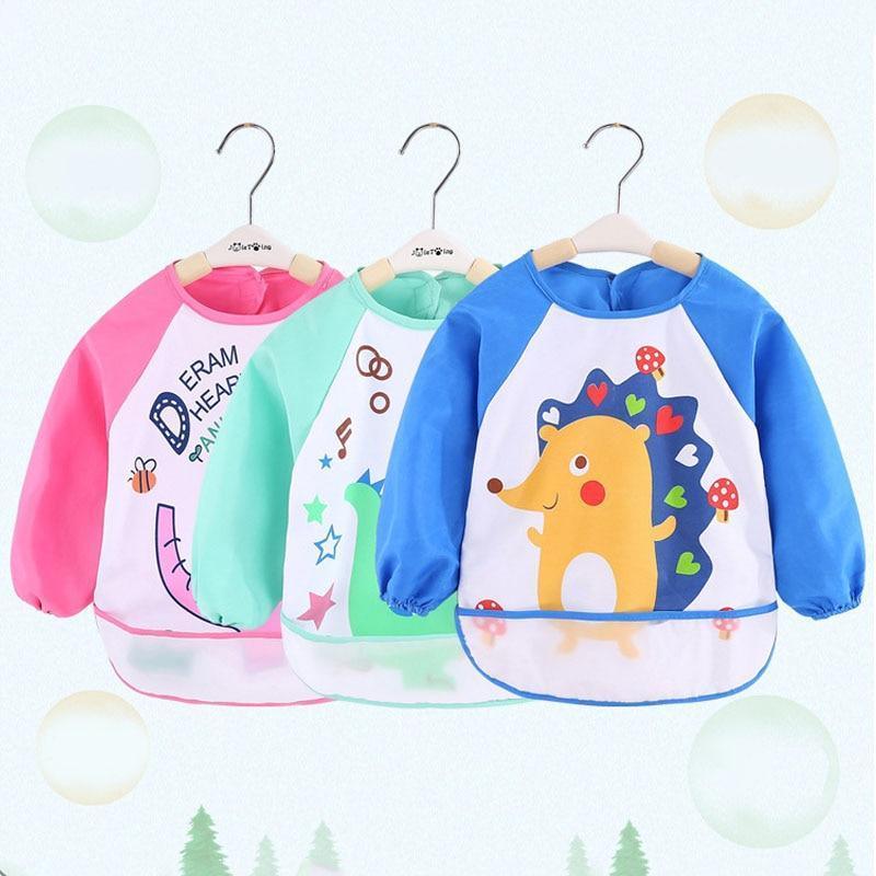 Cute Cartoon Print Baby Waterproof Long Sleeve Apron Children Feeding Smock Bib Baby Accessories