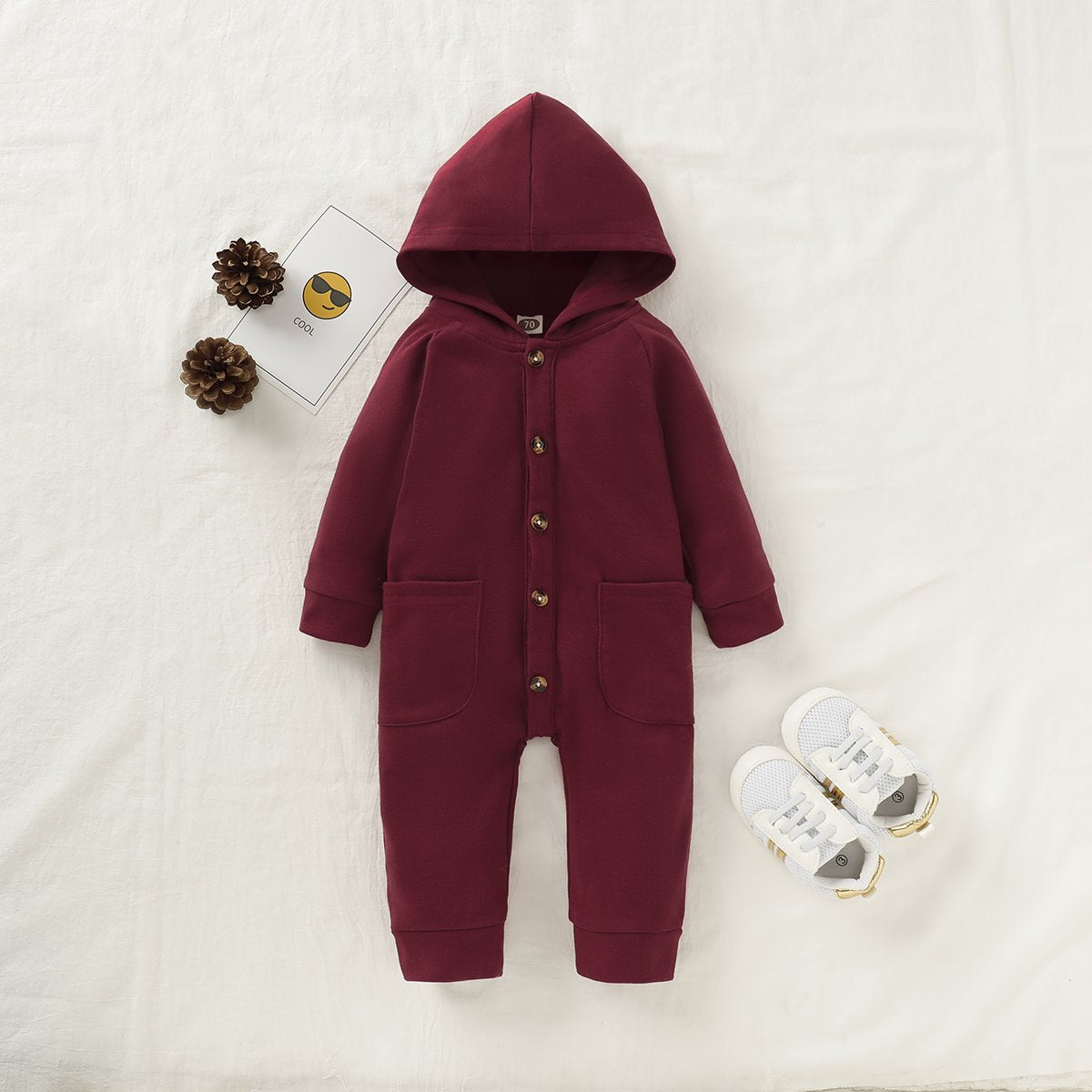 Newborn Clothing Solid Long Sleeve Hooded Button Pockets Romper Winter Warm Jumpsuit for Girls and Boys