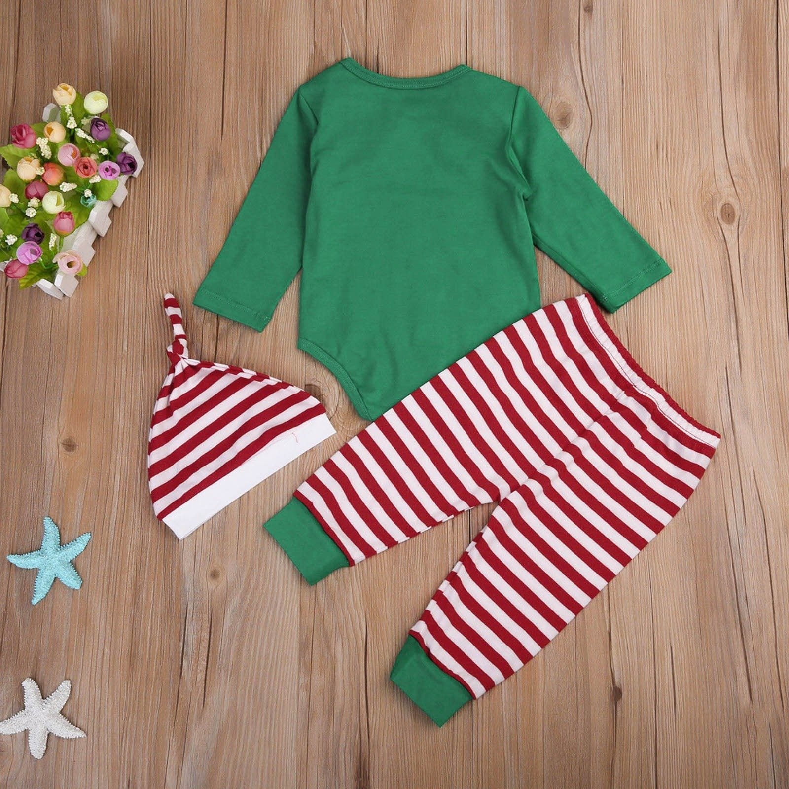 Modern Luxury Christmas Print Long Sleeve Striped Plaid Romper Pants Hat 3pcs For Baby Boys Girls