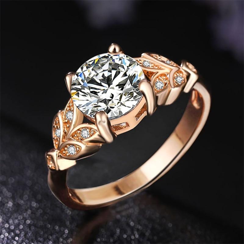 Crystal Silvery Women Leaf Engagement Rings Zircon Cubic Graceful Girls White Rose Golden Ring Luxury Jewelry