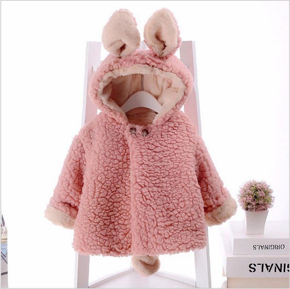 Baby Girl Einter Jacket Girl Cute Rabbit HoodedJacket Children's Wool Sweater Plus Thick Warm Plush For Kids