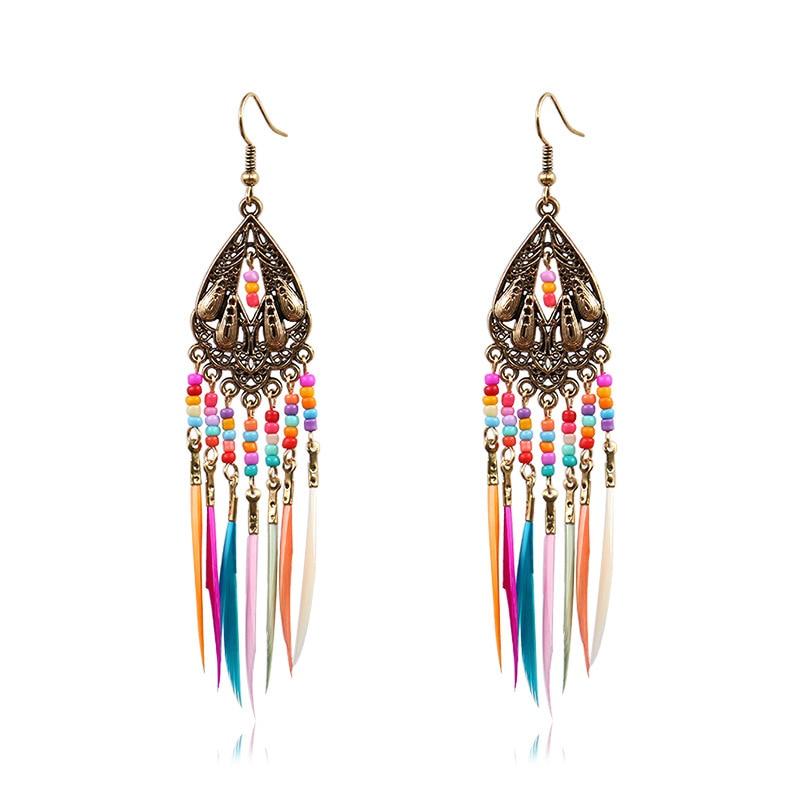 Handmade Modern Elegant Golden Silver Color Ethnic Acrylic Luxury Rainbow Beads Feather Drop Earrings for Women Boho Jewlery