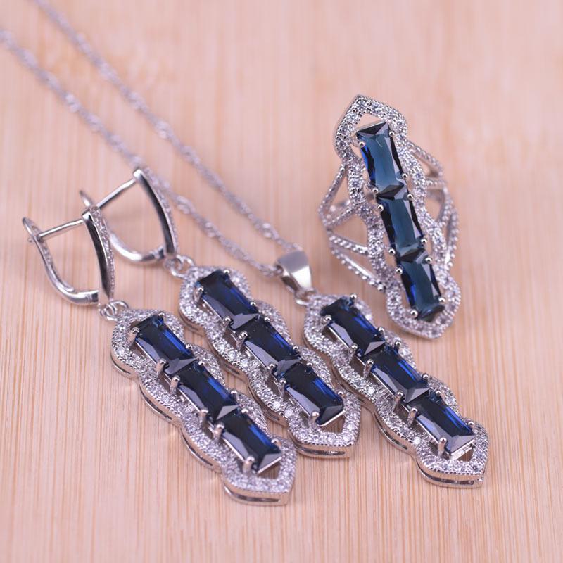 Luxury Popular Original Russian Style Blue Cubic Zircon White Crystal Silver Color Jewelry Set Earrings Ring Necklace Set