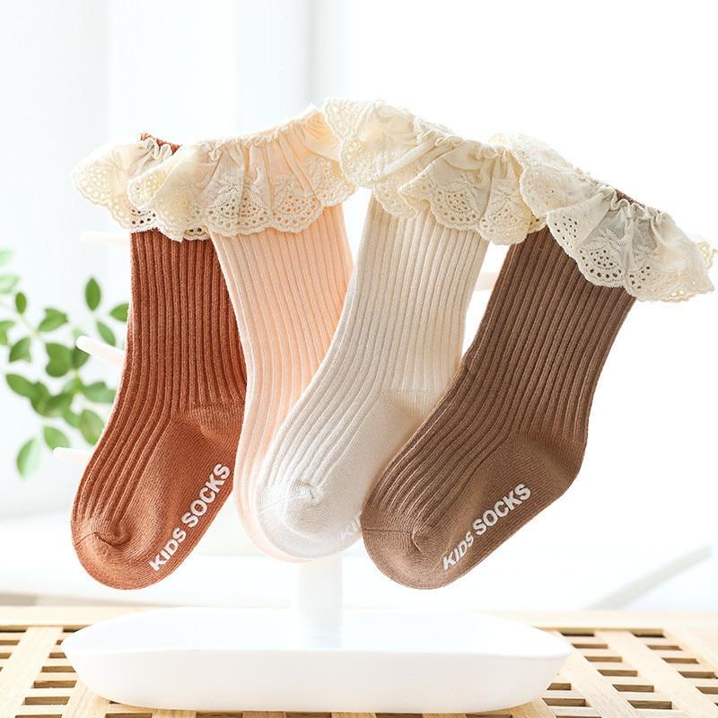 Newborn Baby Girl Socks Lace Baby Knee Socks Anti Slip Cotton Long Socks for Girls In retro Vintage Style