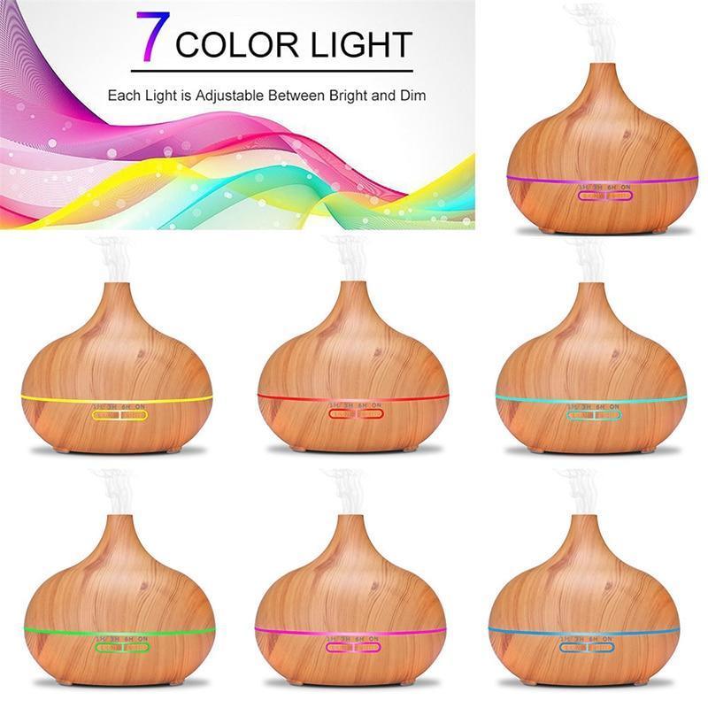 New 550ml Wood Essential Oil Diffuser Ultrasonic USB Air Humidifier with 7 Color LED Lights Remote Control Office Home Diffuser for Office, Home, Bedroom, Living Room, Study, Yoga, Spa; White Wood Grain with Multiple Lighting Options