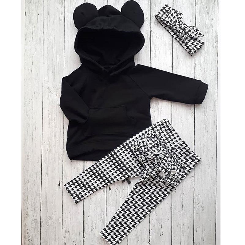 1-6Y Winter Toddler Baby Girls Clothes Sets, Hooded Pullover Black Tops and Ruffles Plaid Pants Headband In Modern New Style