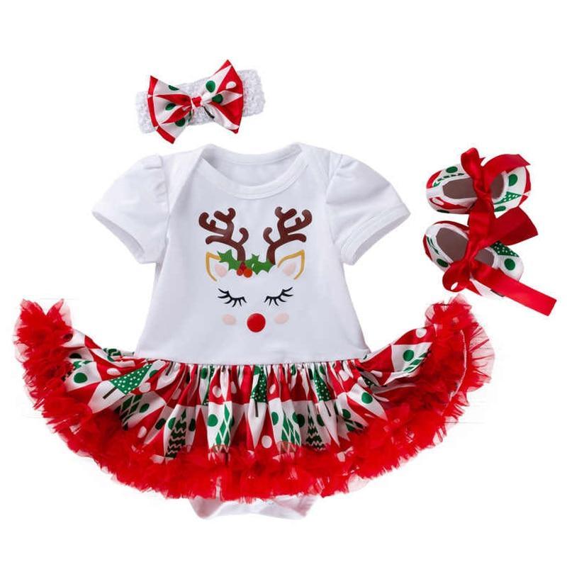 3PCS Clothes Set Romper Dress Cottons Cartoon Deer Excellent Look  Bowknot Shoes  Outfit