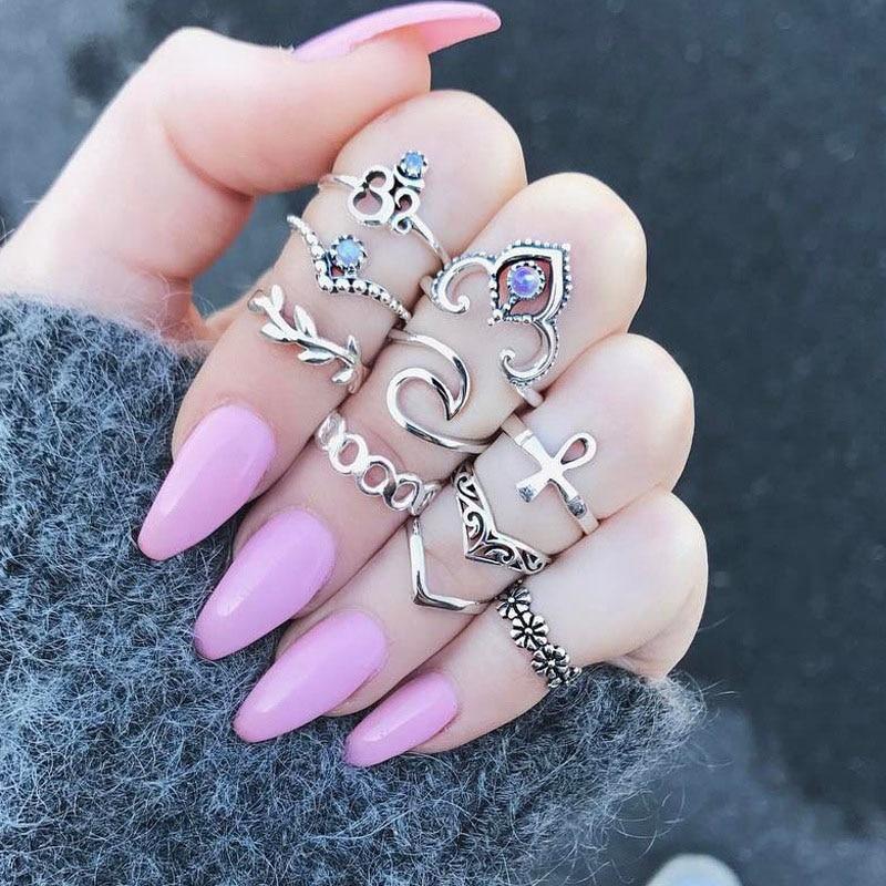 Women Crystal Finger Knuckle Rings Set For Girls Moon Lotus Charm Bohemian Ring Fashion Jewelry Gift