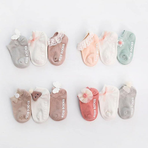 3 Pair/ SET  Baby Newborn Cotton Ankle Socks for Toddler Baby Girls Anti-slip Floor Sock Bowknot Flower Socks For Baby and Kids from 0-24M