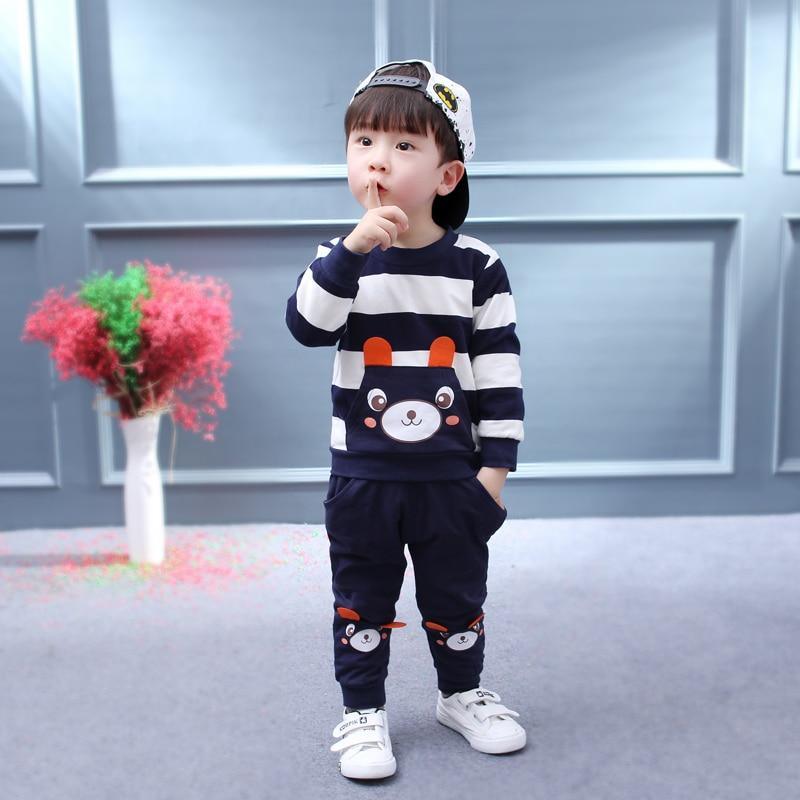 Baby Boy Cartoon Cute Bear Striped Printed Cotton Long Sleeve Two-piece Clothes Set For Boys Kids