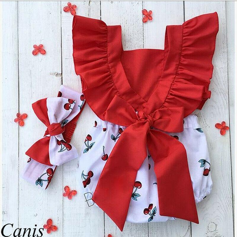 Newborn Baby Girl Clothes Ruffle Backless Cherry Romper  Headband Outfit Baby Girl Summer Clothes In Modern New Style