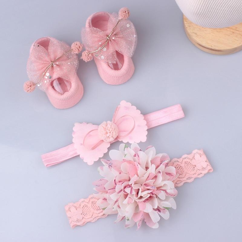 Flower Baby Girl Headband Socks Set Shoes With  Crown Bows Newborn Headbands For Girls Turban Baby Hair Accessories