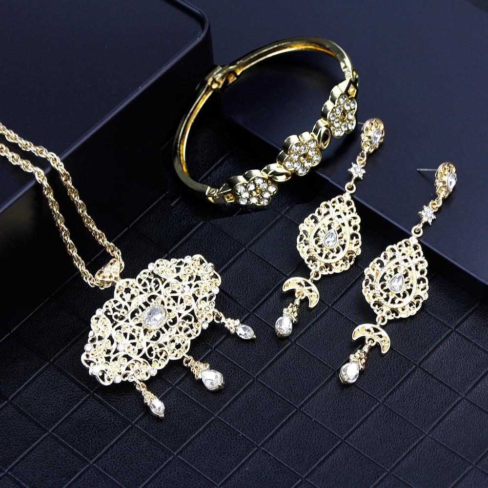 Gold Color Arabic Necklace With Earring Cuff Bracelet Women Ethnic Wedding Jewelry Sets Morocco Caftan Fashion Accessories