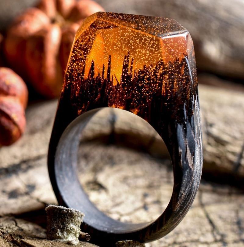 Luxury Handmade Unique Unisex Ring For Womens and Men  Wood Resin Ring Handmade Snowy Mountain Forest Micro Landscape Wooden Rings