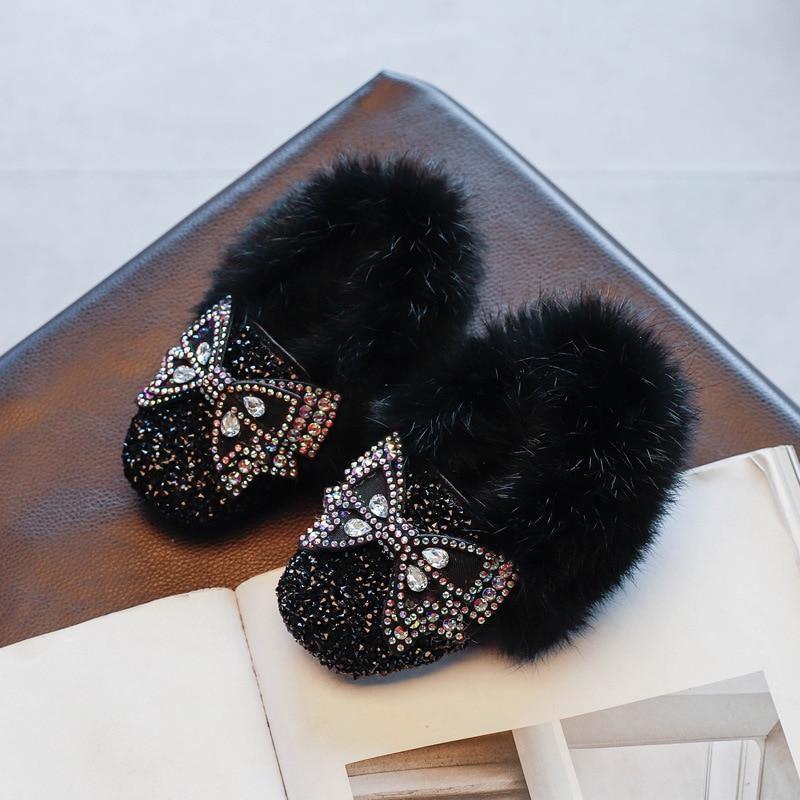 Fashion Winter Crystal Bling Baby Girls Flat Shoes Fur Warm Kids Party Bow Toddler Children Princess Shoes