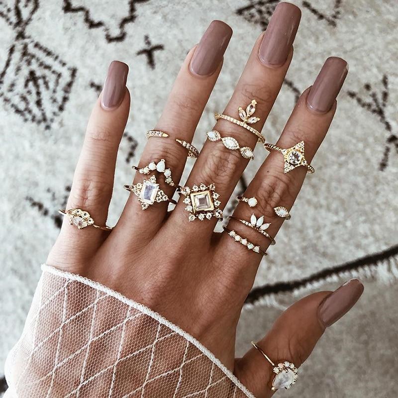 Boho Women Rings Set Compass Arrow Starfish Wave Moon Eyes Gem Gold Silver Color Opening Midi Ring Charm Lady Jewelry