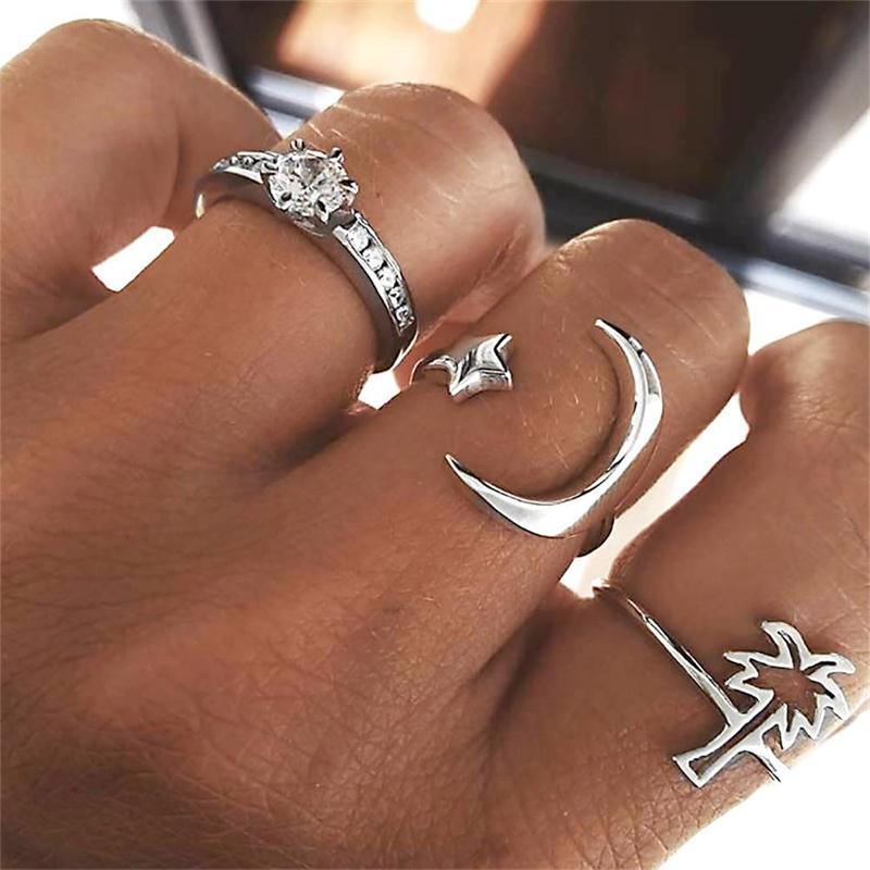 Boho Women Rings Set Compass Arrow Starfish Wave Moon Eyes Gem Gold Silver Color Opening Midi Ring Charm Lady Jewelry