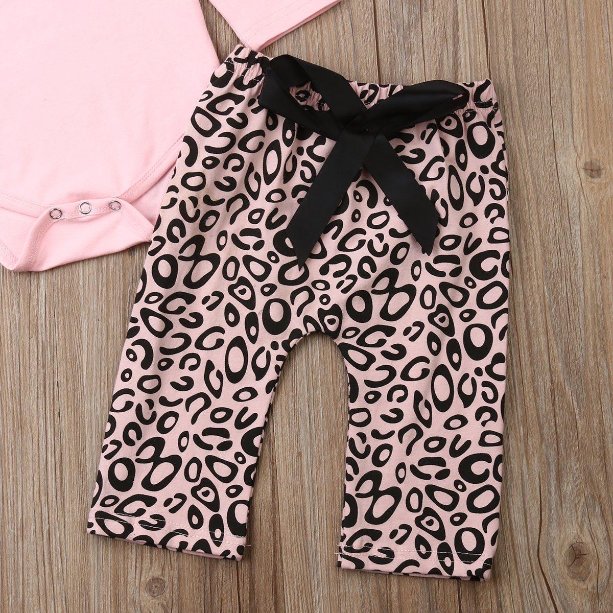 Newborn Baby Girl Clothes Fly Sleeve Knitting Cotton Romper Tops Leopard Print Long Pants Headband 3Pcs Outfits Clothes