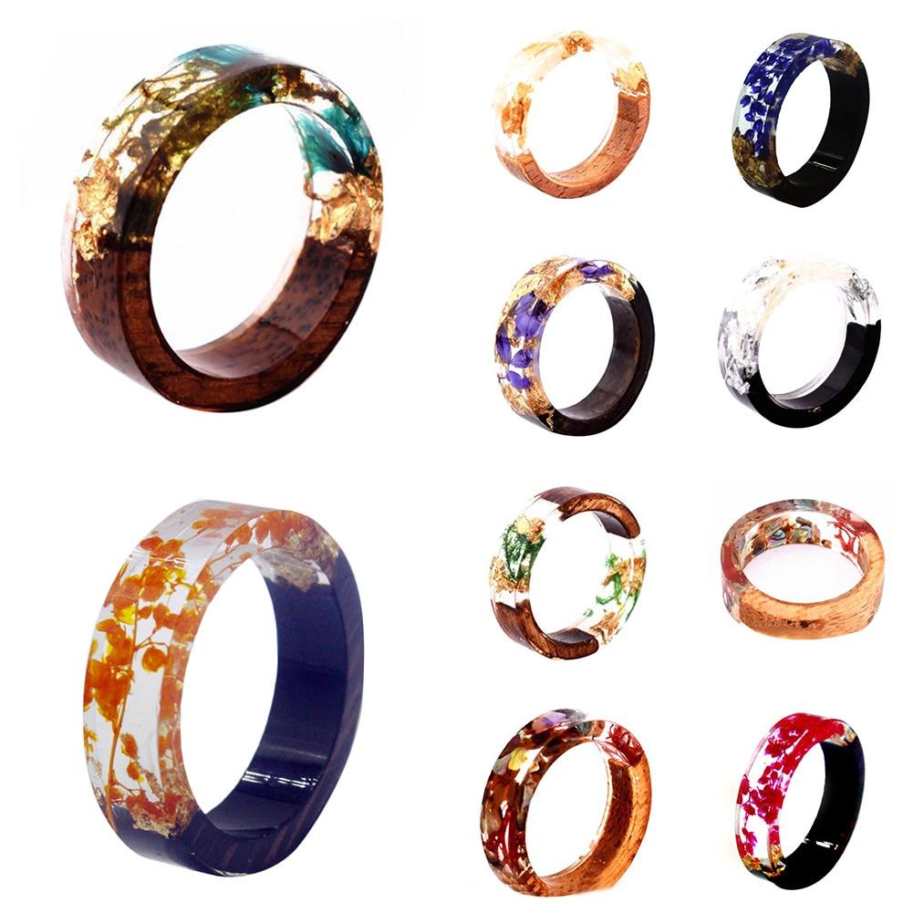 Handmade Luxury Natural Rings For Women and Men With Clear Wood Resin Ring Dried Flower Plant Decoration With Gold Paper Inside