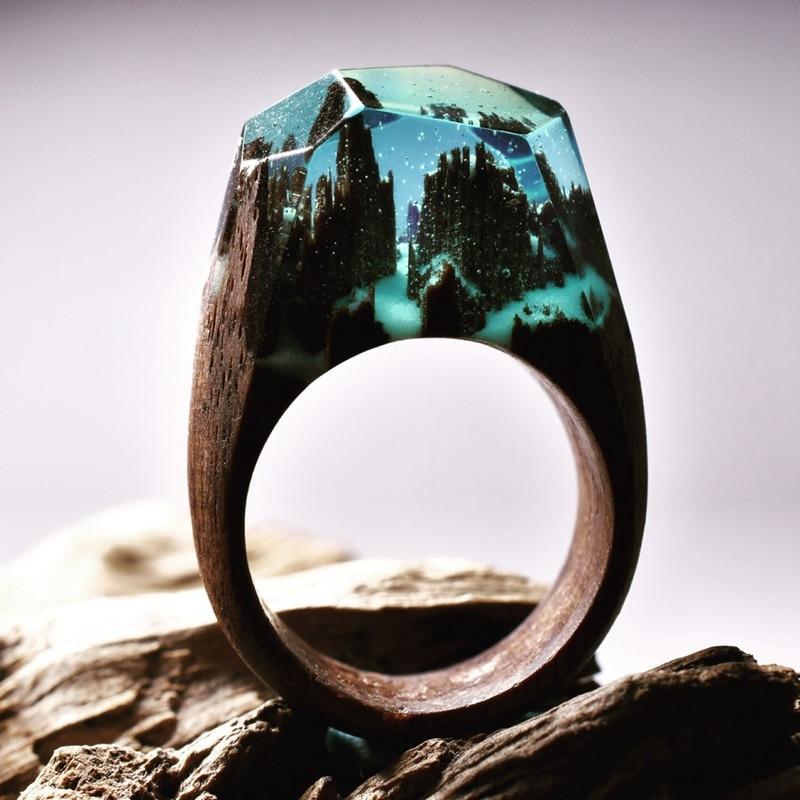 Luxury Handmade Unique Unisex Ring For Womens and Men  Wood Resin Ring Handmade Snowy Mountain Forest Micro Landscape Wooden Rings