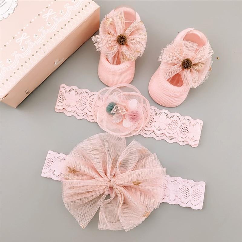 Flower Baby Girl Headband Socks Set Shoes With  Crown Bows Newborn Headbands For Girls Turban Baby Hair Accessories