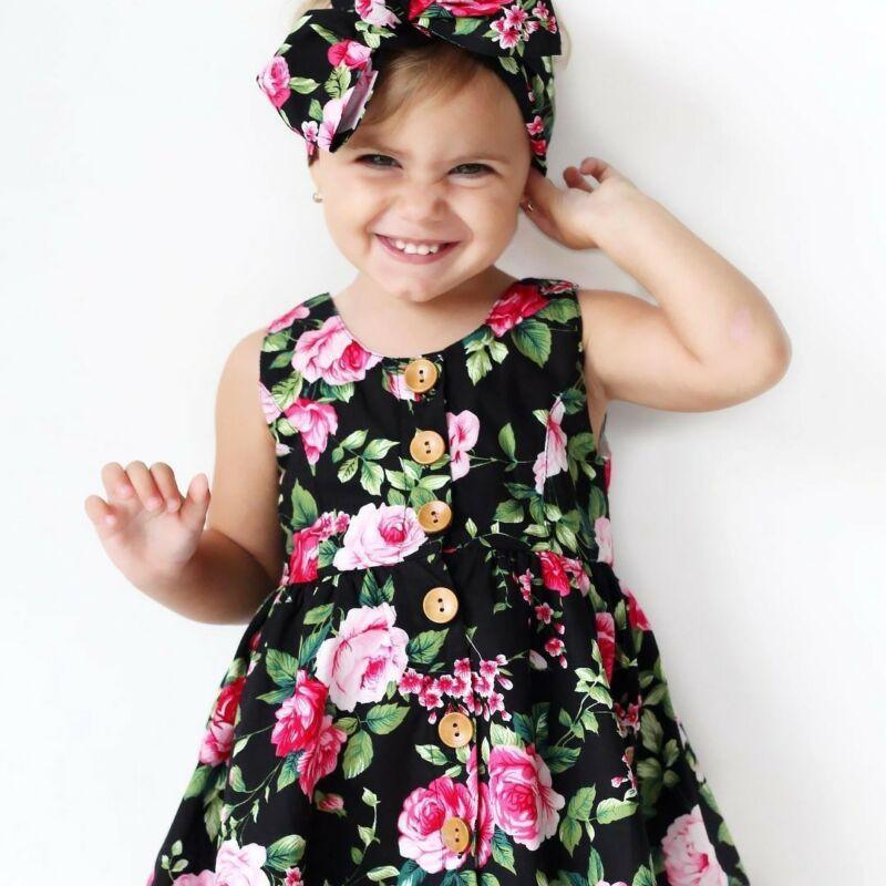 Modern Elegant Baby Girls Kids Summer Floral Dress Princess Party Sleeveless Dresses Headband 2pcs 0-4Y For Party In Flowers Modern Design With Bow