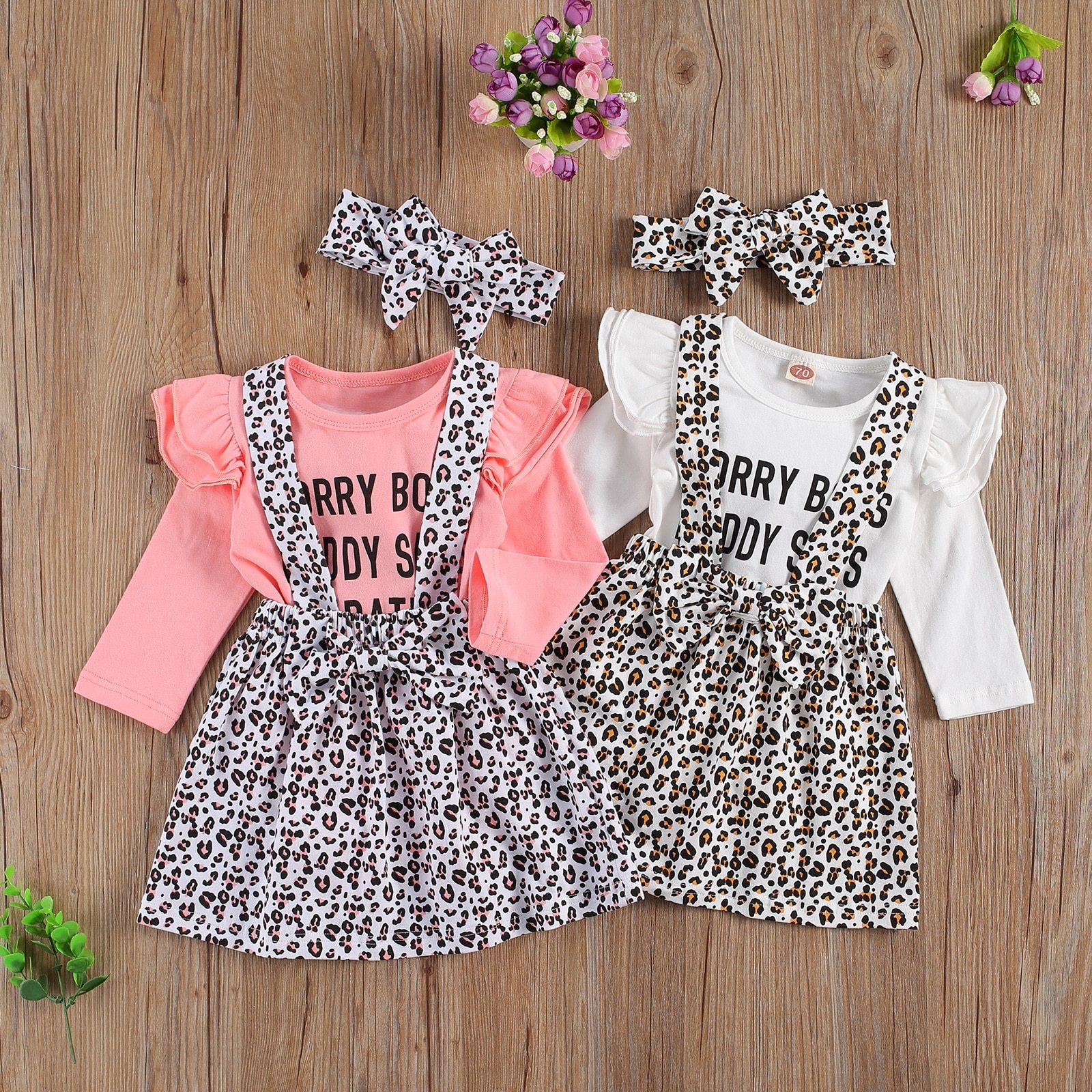 Baby Girl Dress Set Round Neck Long Sleeve Letter Printed Romper Leopard Bow Short Suspender Skirt Headband